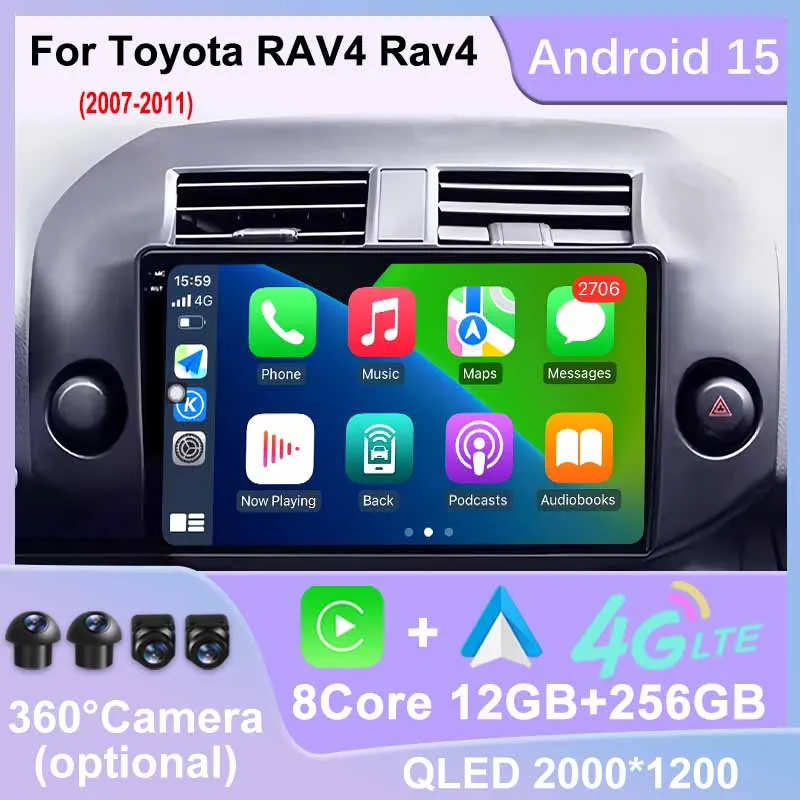 

For Toyota RAV4 RAV 4 2007 - 2011 Android 15 Carplay Multimedia Car Player GPS Navigation Touch Screen Stereo Radio Bluetooth