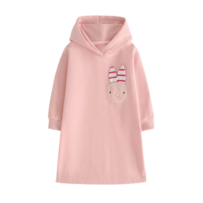 

Bunny Applique Hooded Girls Dress Long Sleeve 3-8T Children's Autumn Spring Party Fashion Kids Frocks
