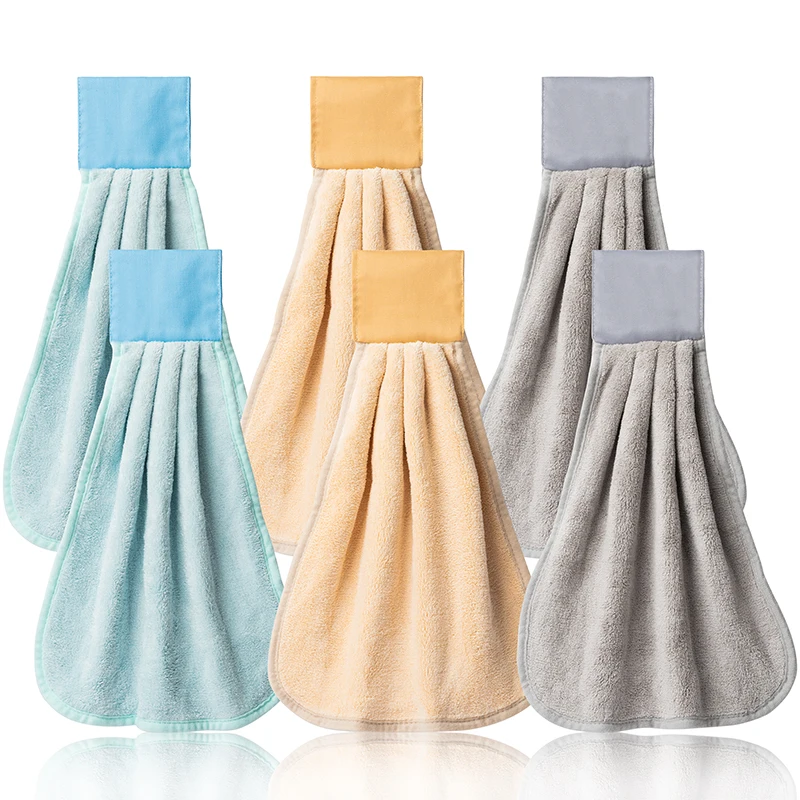 6Pcs/Set Kitchen Hanging Towel Absorbent Quick Drying Coral Velvet Velcro Washing Hand Cloth for Household Bathroom Supplies