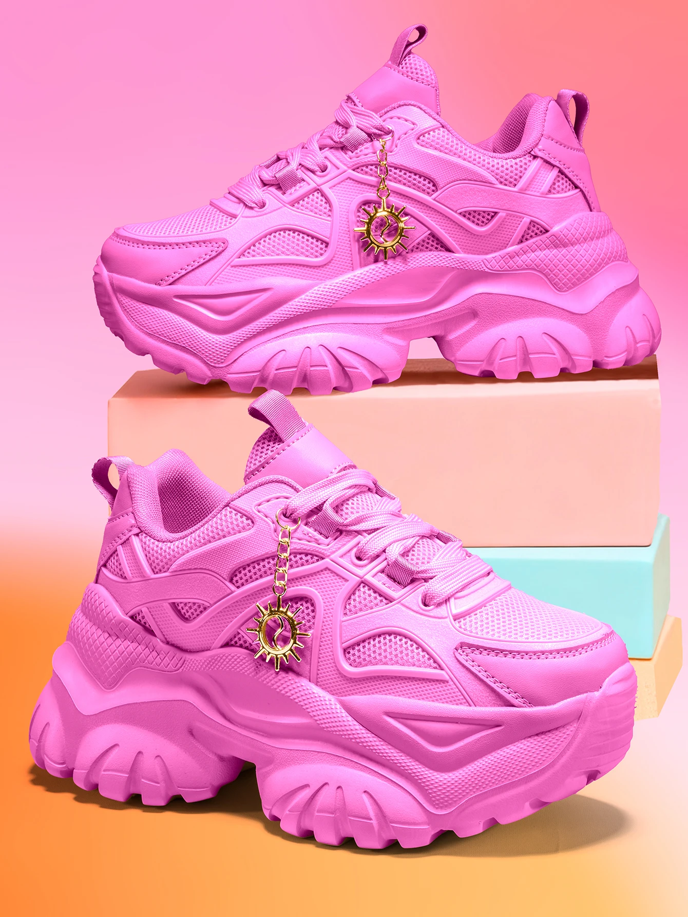 Women's Outdoor All-Season Eva Lightweight Thick-Soled Shoes with a 7cm Height Increase, Pink Dad Shoes, Paired with a Detachable Gold Sun Chain Accessory