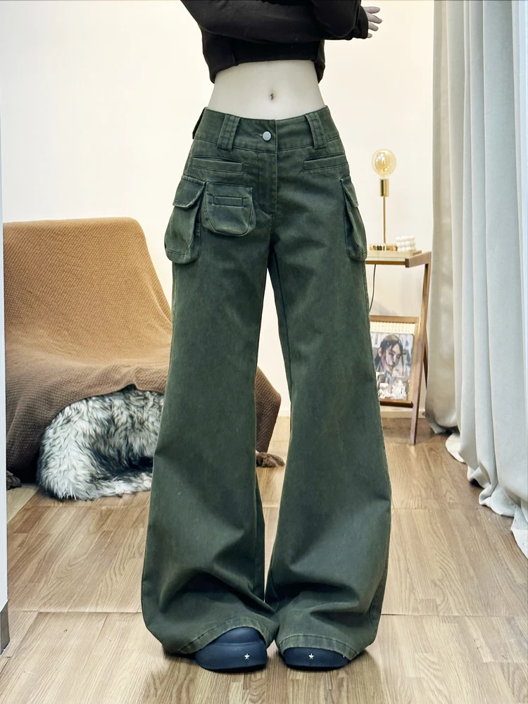 

Ретро-рабочие брюки в стиле милитари с множеством карманов, расклешенные, повседневные, для женщин, осень-зима, новые, длинные