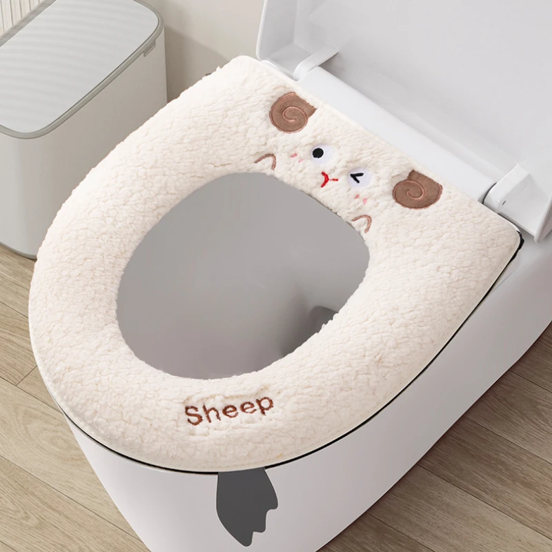 Cartoon Sheep Zipper Toilet Mat Lamb\'s Wool Toilet Seat Cover Universal Waterproof Toilet Seat Cushion Bathroom Accessories