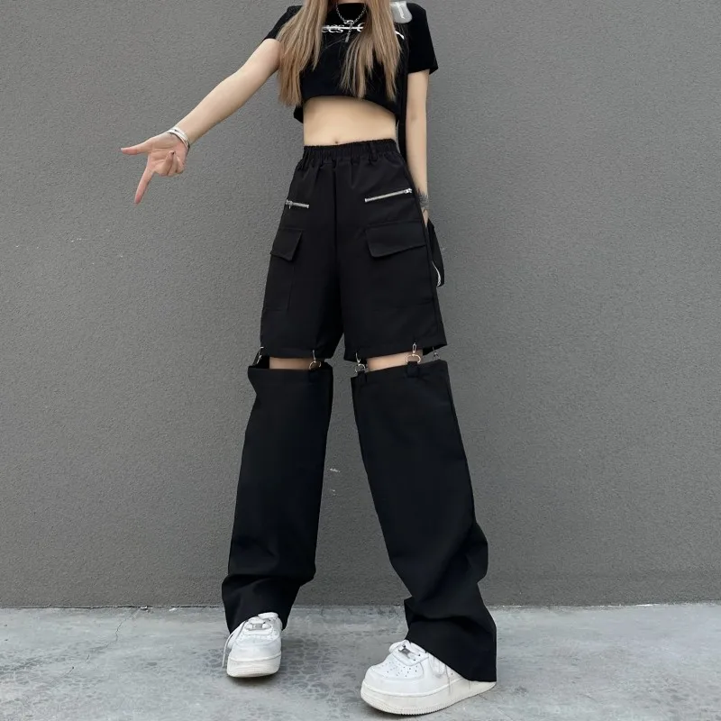 Trendy Hollow out Distressed Work Pants High Waist Casual Black Pants for Women Spring Summer Season Asymmetrical Design