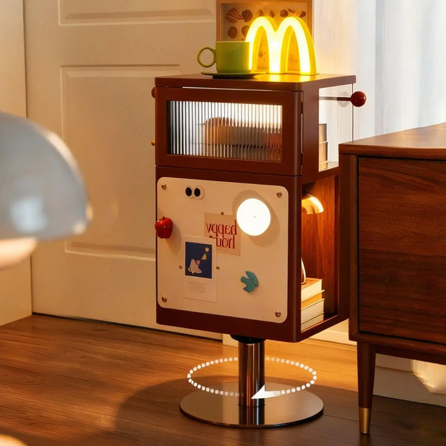 Movable coffee side table, vintage rotating bedroom sofa, bedside table, storage bookshelf, table