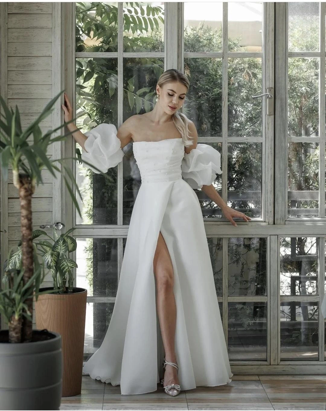 Organz-vestido De novia acampanado, prenda con abertura lateral hasta el suelo, manga abombada, personalizable a las medidas, con cordones en la espalda