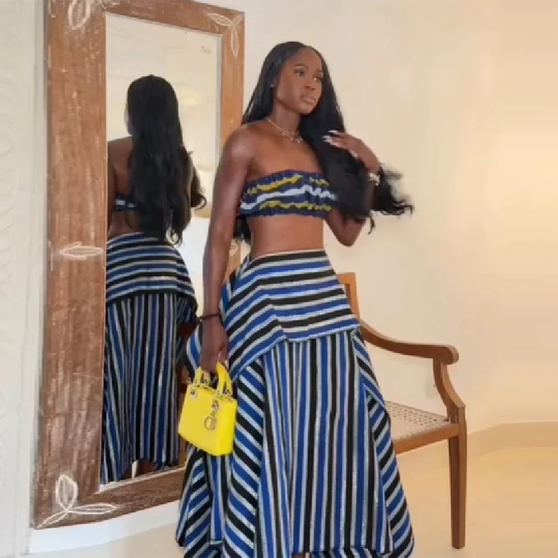 Böhmisches Blau Gestreiftes Zweiteiler-Set Schulterfreies Rüschen-Crop-Top Mehrstufiger Maxirock Damen Sommer Strand Urlaub Schickes Outfit