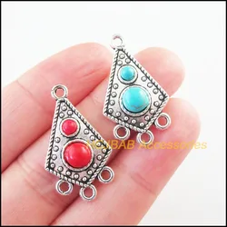 Fashion 10Pcs Retro Tibetan Silver Tone Flower Shield Blue&Red Stone Charms Connectors 17x29.5mm