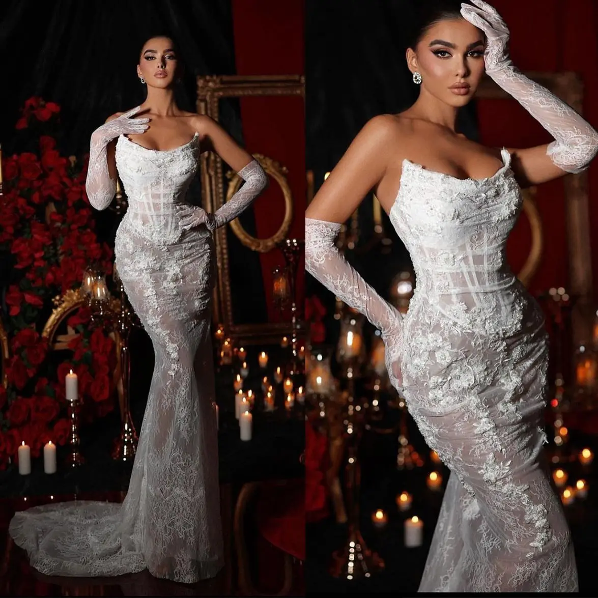 

Fashion Elegant Mermaid Wedding Dresses Sexy Illusion Lace Bridal Gowns Sweep Floor Aso Ebi Bride Dress