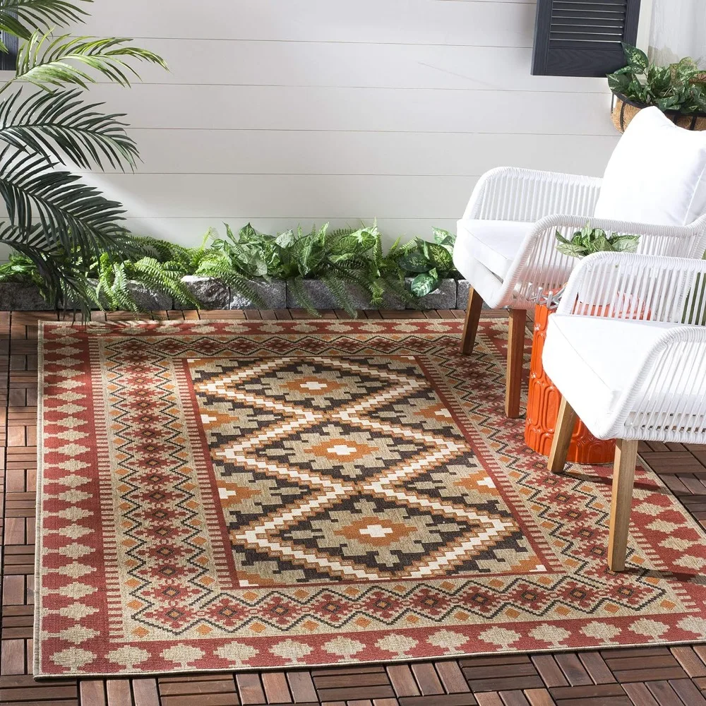 

Outdoor Area Rug - 5'3" x 7'7", Red & Natural, Boho Design, Non-Shedding & Easy Care, Indoor/Outdoor Area Rug