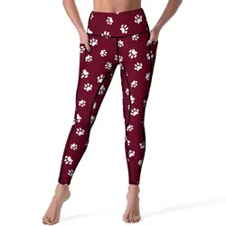 White Dog Paw Leggings Sexy Animal Paws Print Workout Gym Yoga Pants Push Up Stretch Sports Tights Pockets Aesthetic