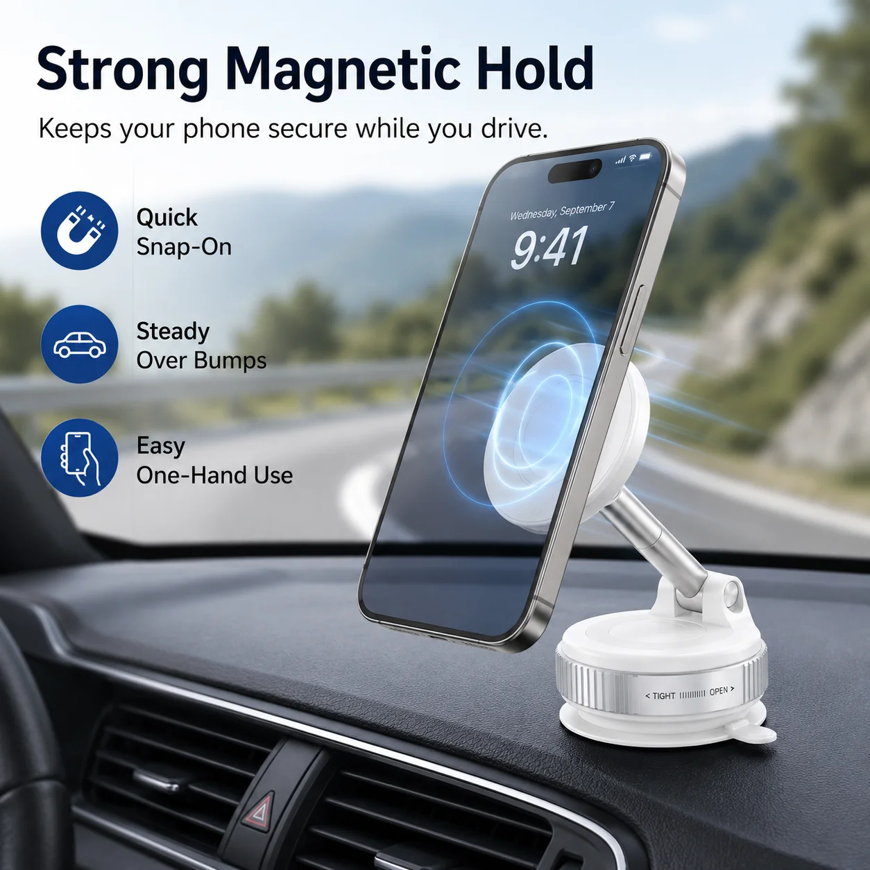 Magnetic Car Phone Holder Mount for MagSafe, Strong Magnet Suction Cup Dashboard Stand, 360 Degree Adjustable Foldable Stand for iPhone 17 16 15 14 13 12 Series, Black - Detail 1