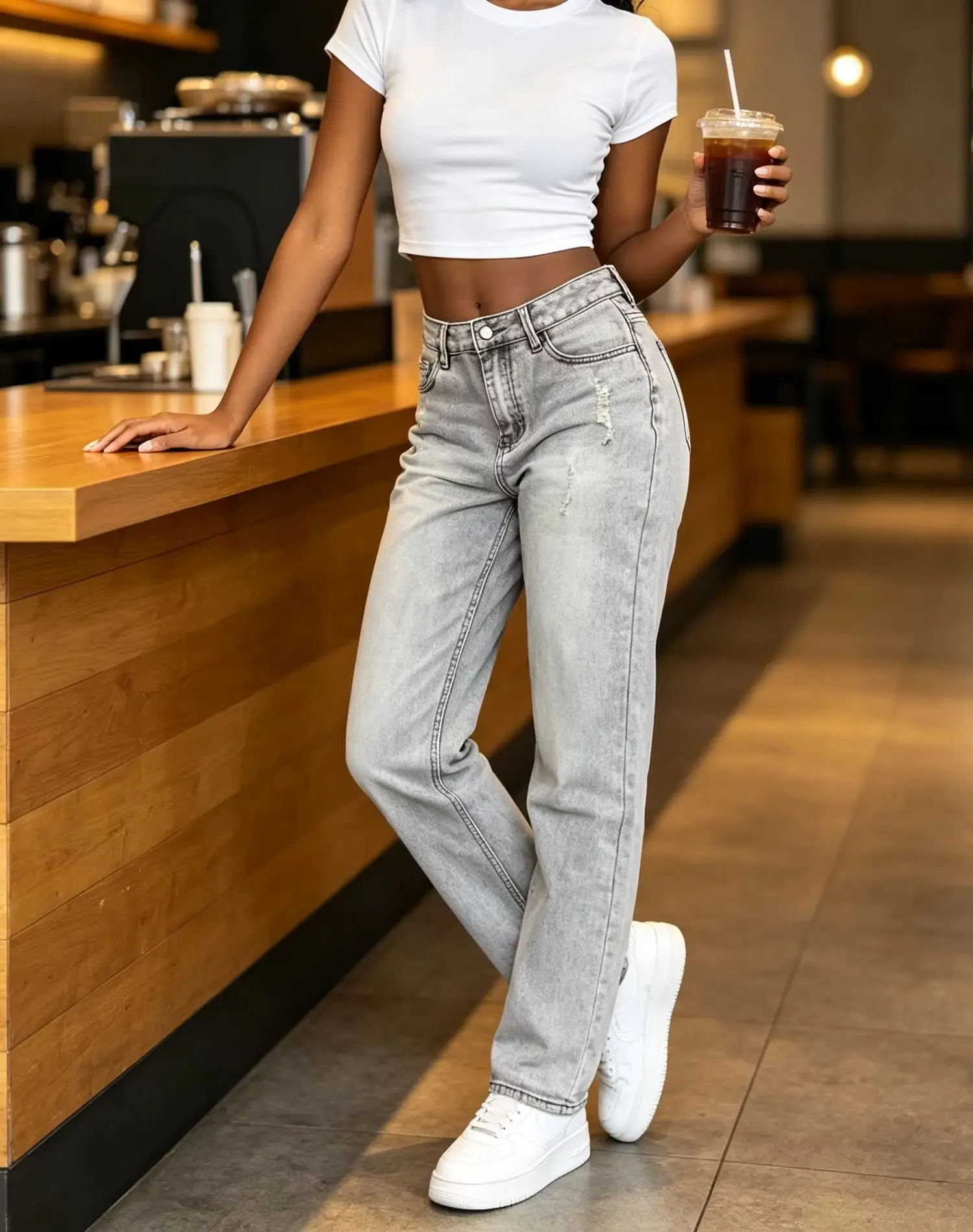 Women's Spring Autumn Grey Washed Ripped Denim Wide Leg Long Pants High Waist Drape Hide Fat Casual Long Leg Look