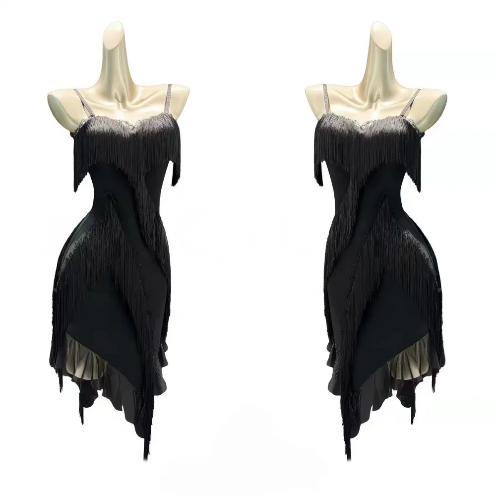 Mint Blue Black Tassel Latin Dance Dress Adjustable Straps Irregular Hem Professional Ballroom Dancewear For Stage Show