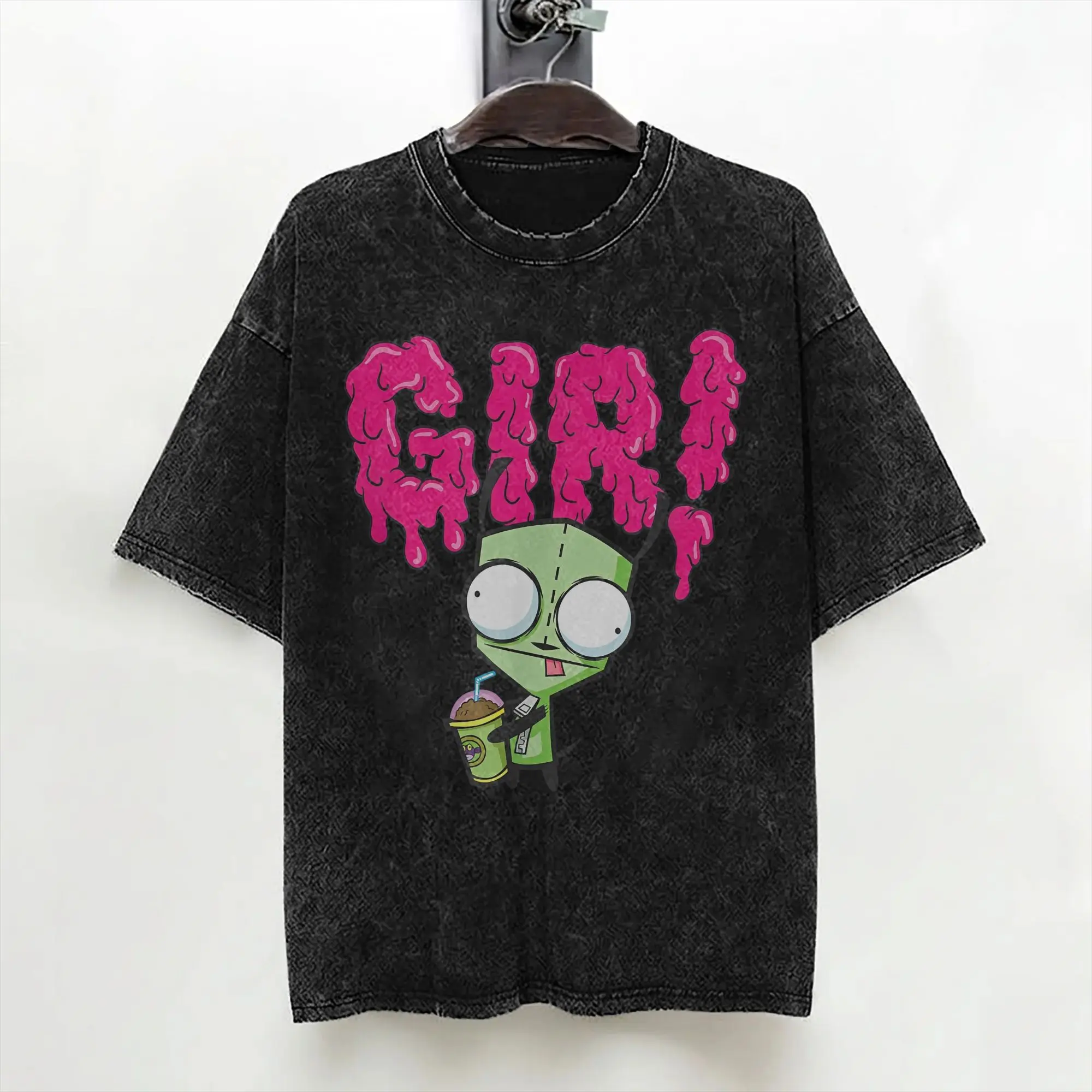 Cartoon Invaders Zim Gir Washed T Shirt Streetwear Retro T-Shirt  Tee Shirt Men Women 100% Cotton Oversize Graphic