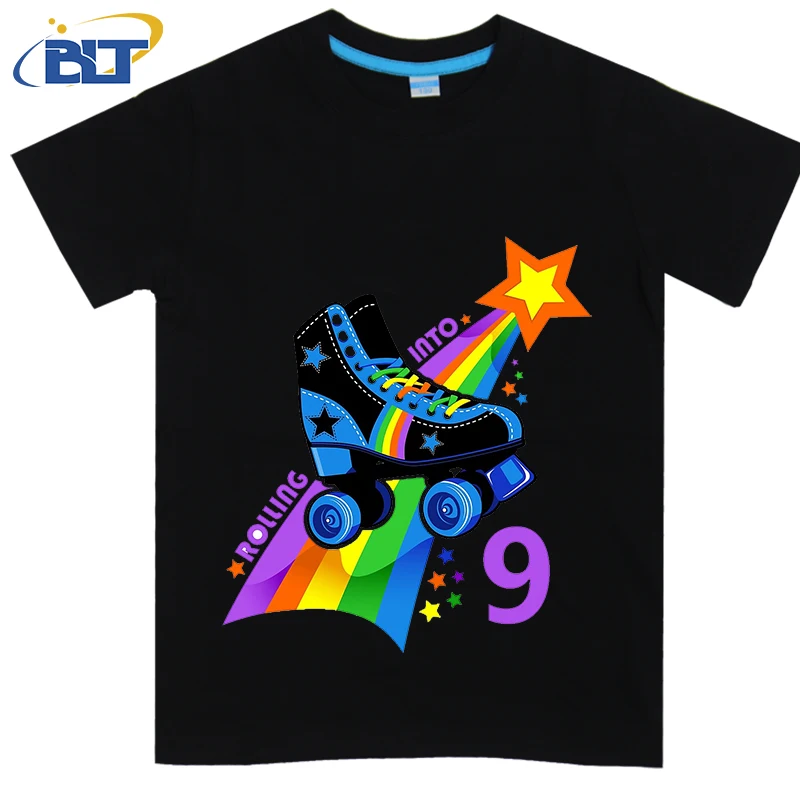 9th Birthday Roller skate cool printed kids T-shirt summer cotton short-sleeved casual top suitable for both boys and girls