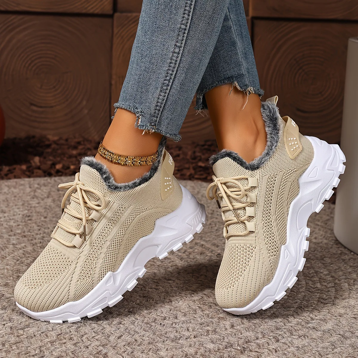 Damen Winter-Thermosneaker aus Strickstoff mit Schnürung, Plüschfutter, rutschfester dicker Plateausohle, Outdoor-Wanderschuhe, Freizeitschuhe – Detail 13