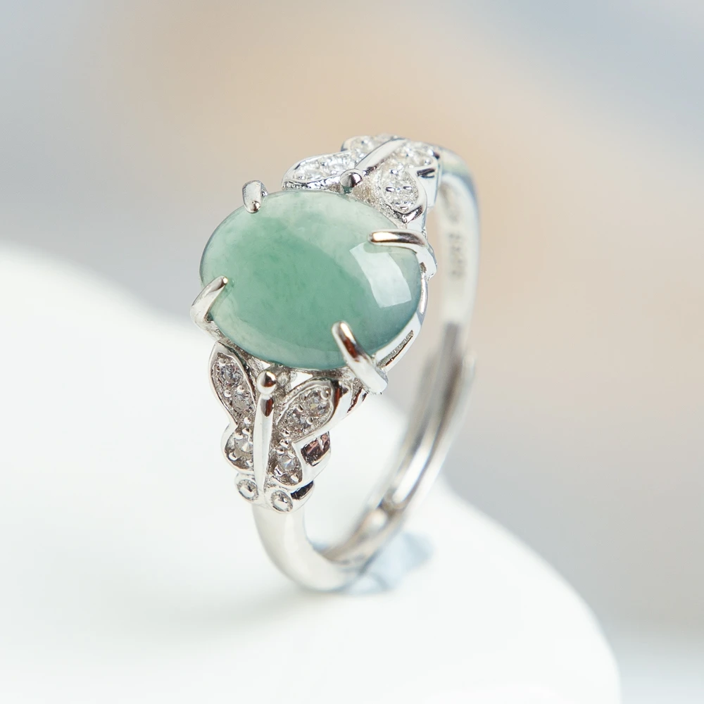 

TIMESWIND Natural A-type Jade Blue Oval Butterfly Zircon S925 Silver Women Open Ring with Certificate