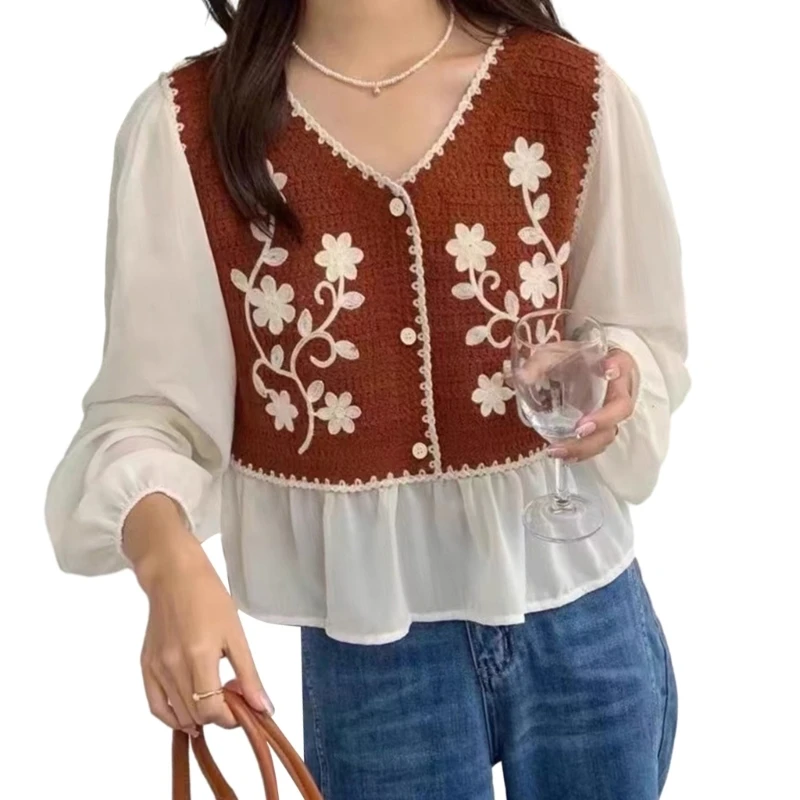 Women Vintage Crochet Knit Floral Blouses Puff Long Sleeve Ruffle Hem Peplum Tops V-Neck Button Up Loose Shirts