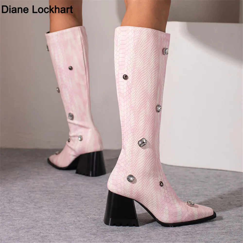 

Autumn Winter Boots Woman Thick Block Heels Knee High Boots Women Zipper Rhinestone Rivets Riding Boot Motorcycle Boots 34-43