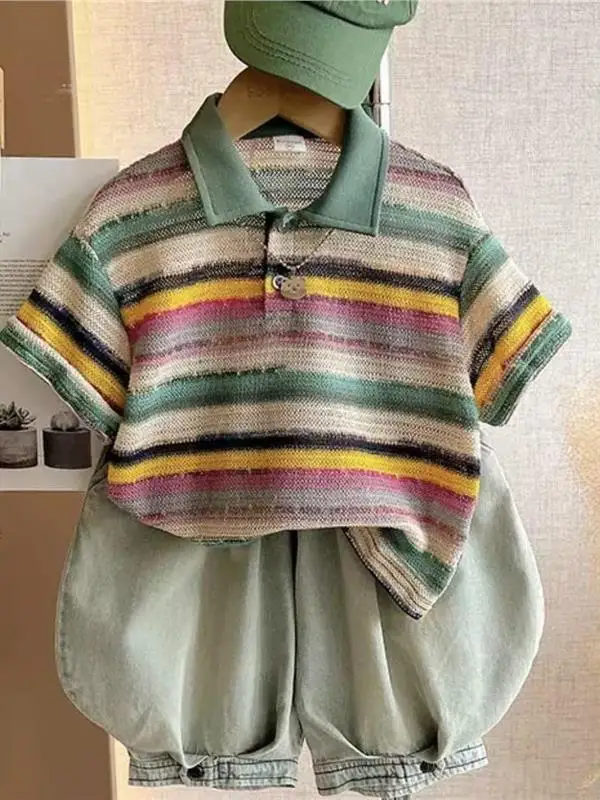 男の子の夏服ファッショナブルな韓国ストライプポロシャツとワイドレッグショーツセット子供服通気性の良い薄い素材