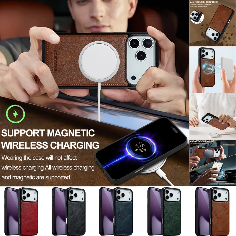 PU Leder MagSafe Magnetische Drahtlose Lade Telefon Fall Für iPhone 17 Air 16E 15 14 13 mini 12 mini 11 XS XR 8 7 SE Zurück Abdeckung