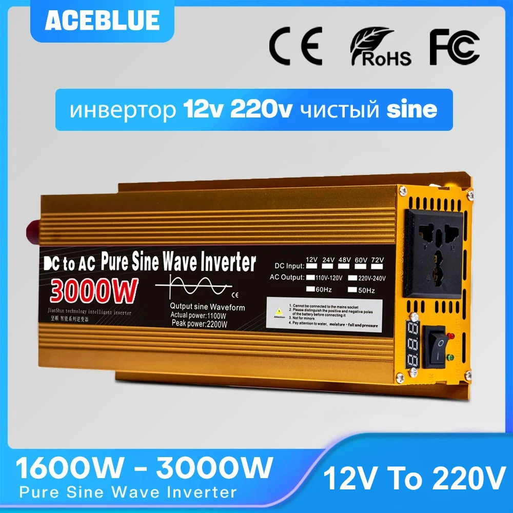 Inverter 12v 220v Pure Sine Wave 1600W 2200W 3000W DC 12v To AC 220V Portable Power Supply Converter Car Solar Inverter
