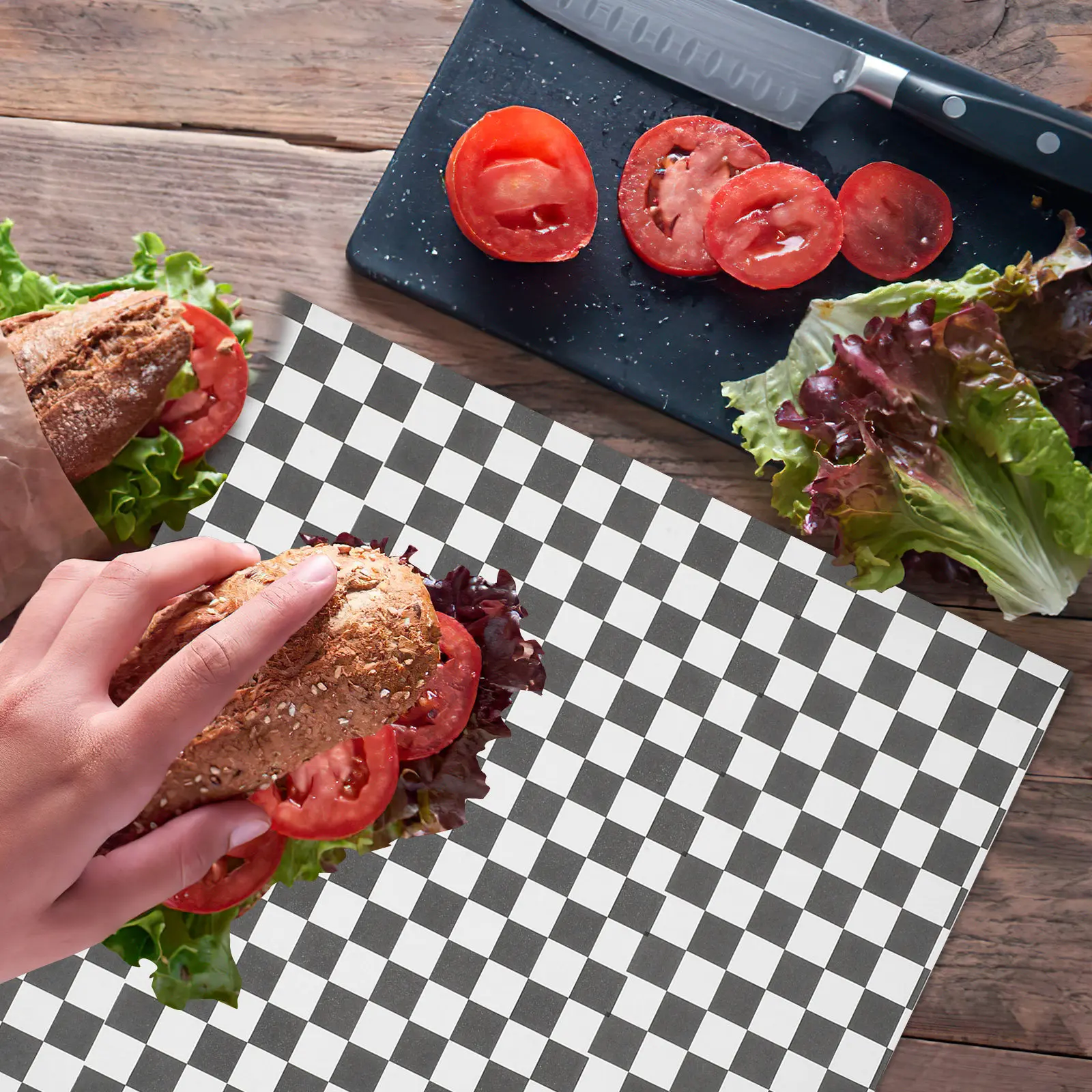 200Pcs 11.79 Inch Square Checkered Greaseproof Paper Liners Oil Resistant Food Wrapping Sheets for Hamburgers French Fries