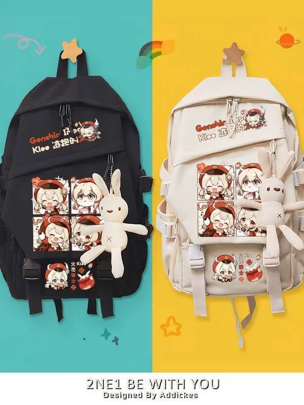 Genshin Impact Fanart Klee Zhongli Scaramouche Alhaithen Elementary Double Shoulder Bag Backpack For Female Middle School A