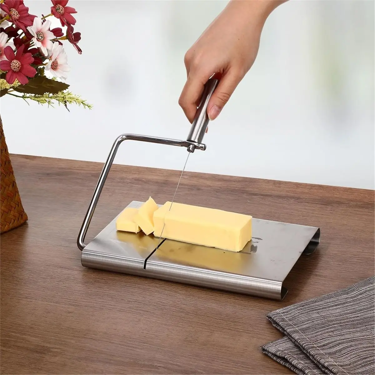 Y69A 4 Pack Cheese Slicer with 24 Pcs Replacement Wires Measuring Grid Adjustable Metal Butter Cutter for Block Cheeses,Cakes