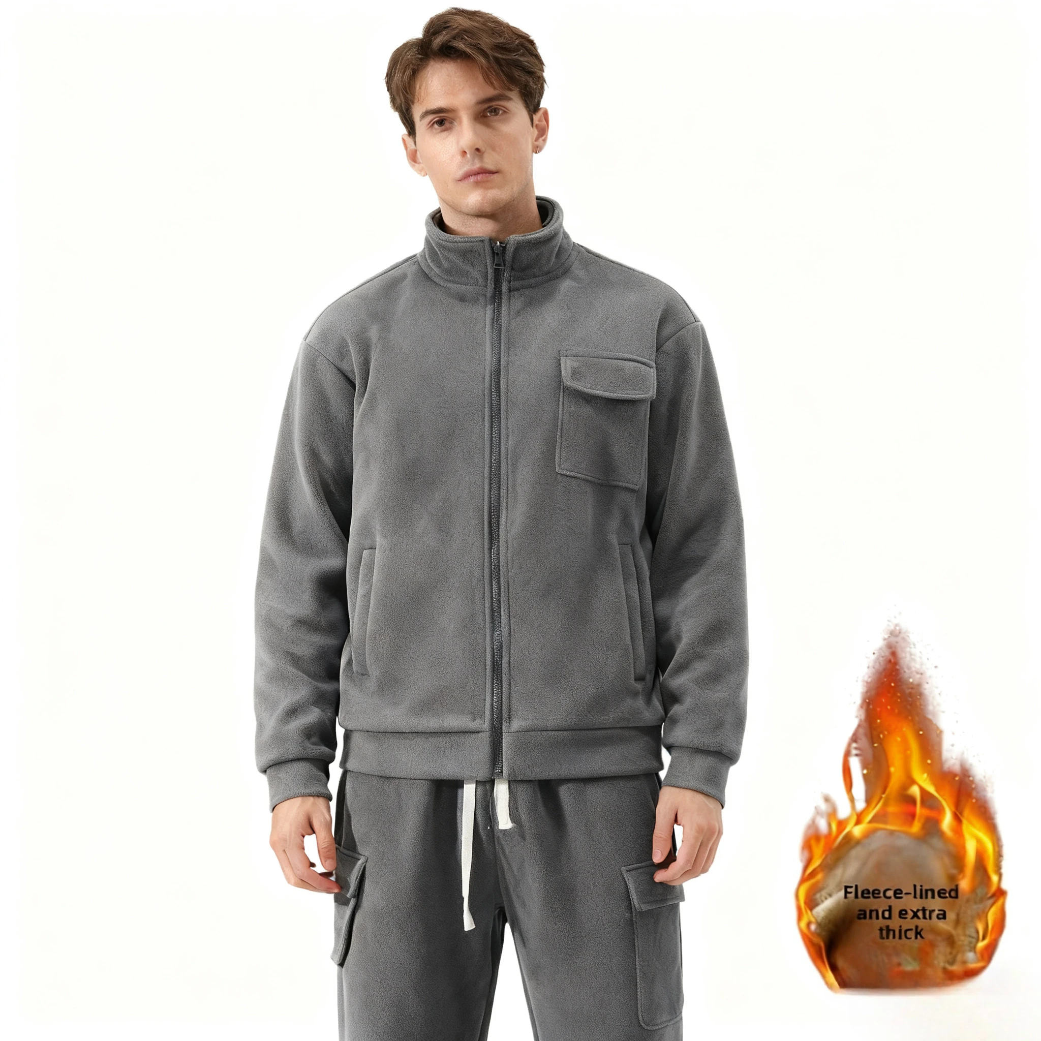 

2025 New Men's Autumn and Winter Fleece Thickened Warm Set, Loose Stand Collar Jacket, Fashionable Casual Suit