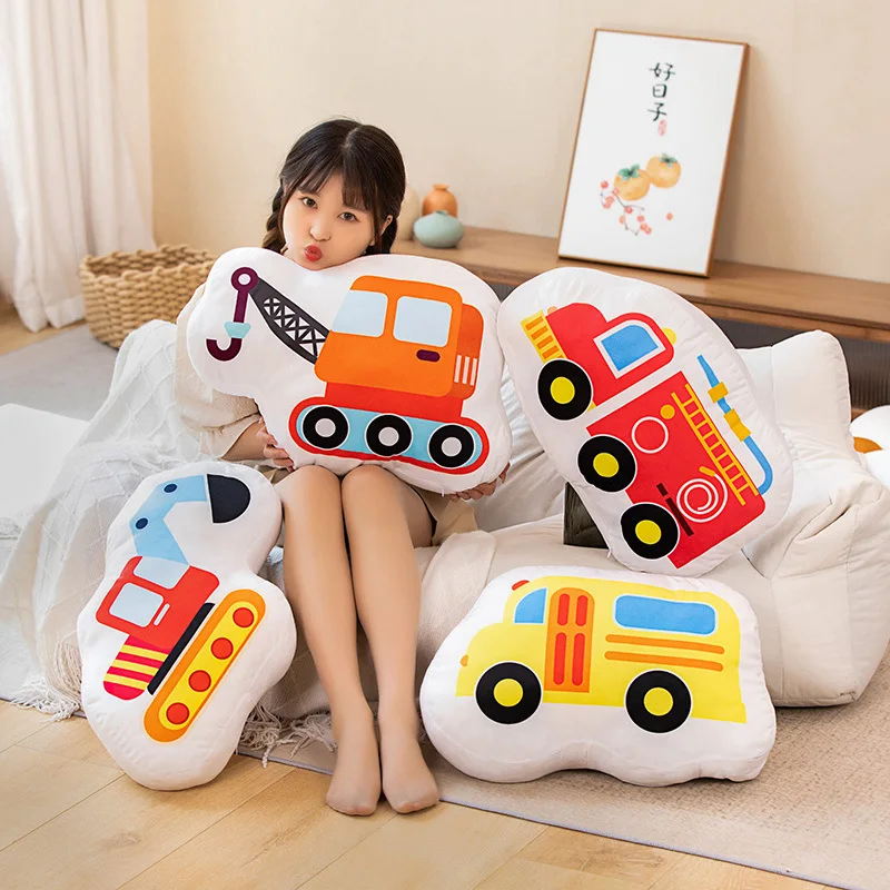 New Fire Truck Excavator Taxi Airplane School Bus Plush Toys Stuffed Doll Pillows Cushion Gifts Room Deco