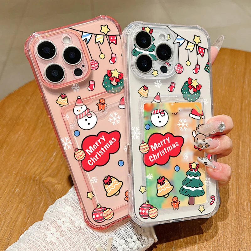

Luxury Card Slot Cartoon Christmas Case For iPhone 16 Pro Max 11 12 13 14 15 Pro Max 16E 17 Air Coque Clear Soft Silicone Cover