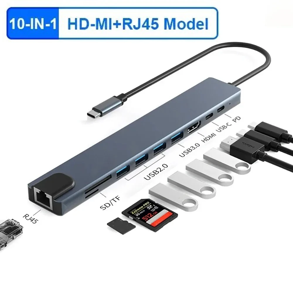 

10 in 1 Type-C HUB 4K30Hz Docking Station HDMI-Compatible RJ45 Ethernet PD100W for Laptop MacBook iPad PC Huawei Samsung Phone