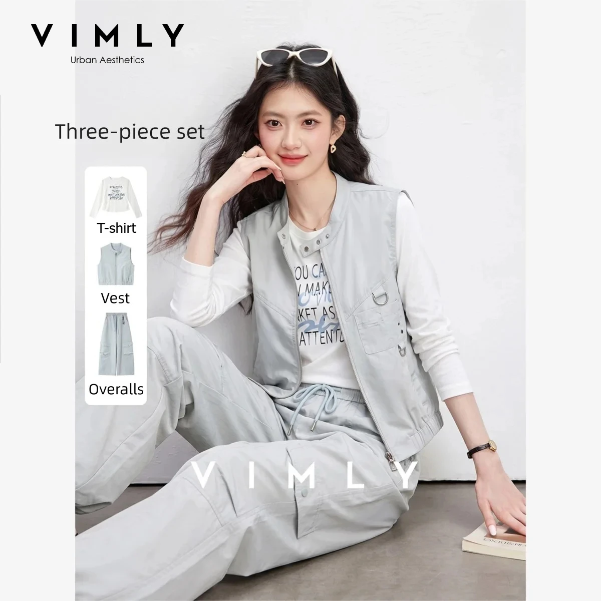 VIMLY Workwear Style Sports Casual Three-piece Set Women's White Letter Printed Long Sleeve T-shirt Blue Vest Pants Sets 31562