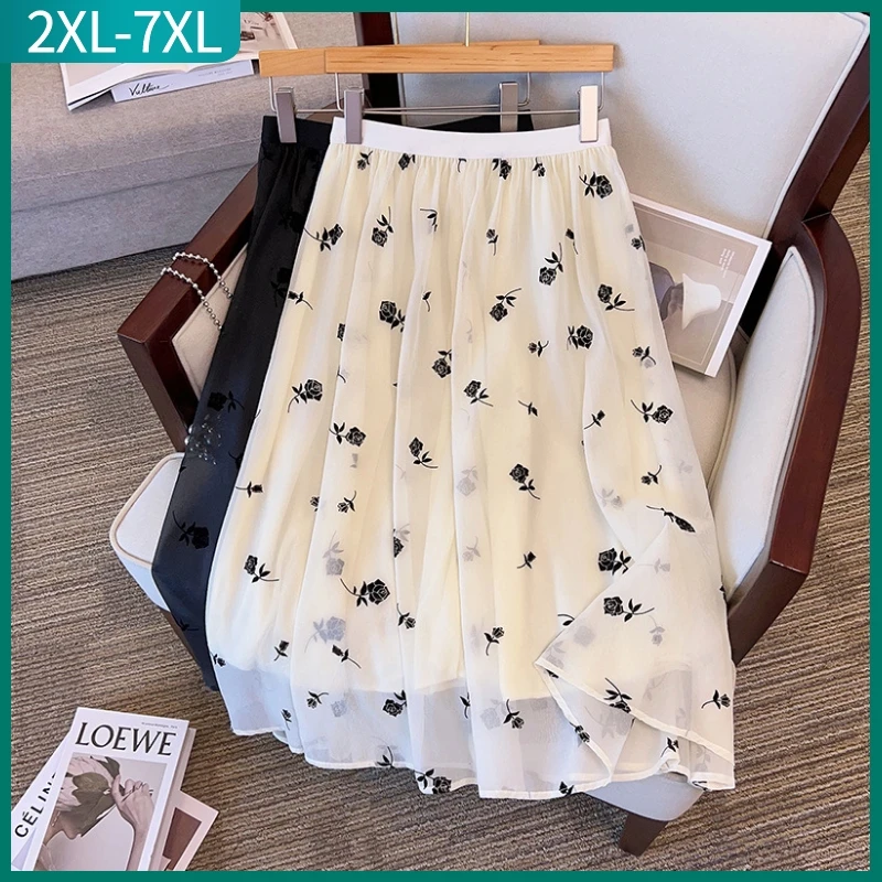 New Ladies 2023 Summer Plus Size Long Skirt For Women Large Loose Casual Black White Chiffon Pleated Skirt 3XL 4XL 5XL 6XL 7XL