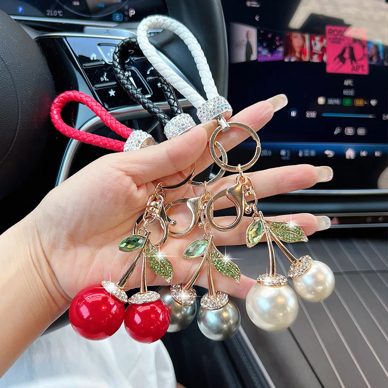 Creative Korean Style Leather Rope Resin Cherry Keychain Pendant Fruit Car Key Bag Hanging Accessory Elegant Versatile For Women