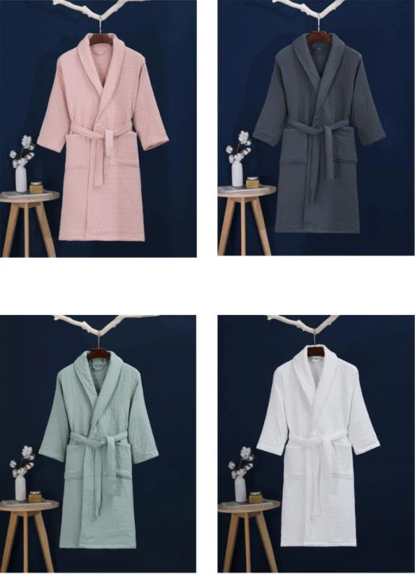 100% Cotton Kimono Robe 6 Layers Gauze Women's Bathrobe Sexy Nightie Men's Dress Basic Hotel Robes Home Clothes Lingerie