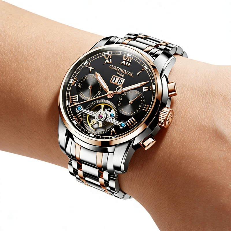 

Мужские механические часы CARNIVAL Luxury из нержавеющей стали с турбийоном, спортивные, с автоматическим механизмом и функцией даты