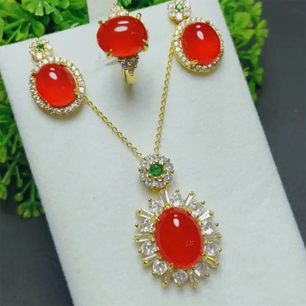 

Women Red Jade Jewelry Set Natural Stone Myanmar Jadeite Emerald Zircon Necklace Earring Rings Luxury Burma Jades Jewelries Set