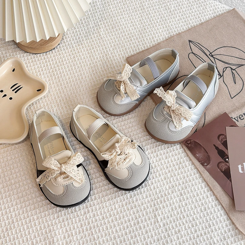 

2025 Spring New Children Casual Shoes for Girls Fashion Korean Style Soft Bottom Anti-slippery Versatile Chic Lace Elegant Shoes