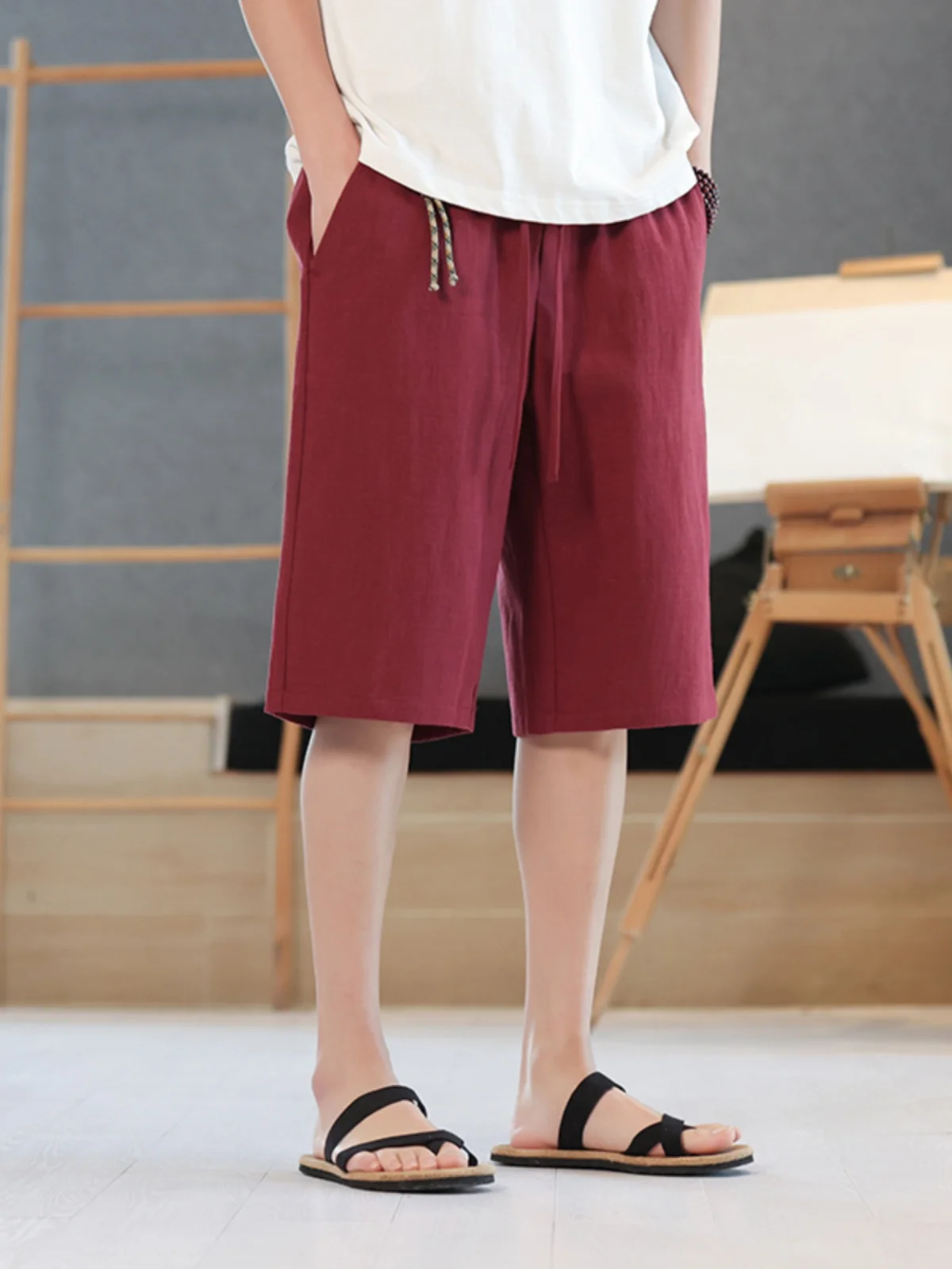 

Мужские летние повседневные брюки свободного кроя из хлопка и льна цвета красного вина, дышащие, легкие, прямого кроя