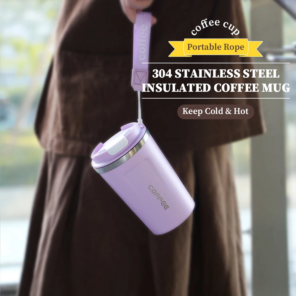 WATERSY 380 ml Kaffee-Isolierbecher aus Edelstahl, Vakuum-Thermobecher mit tragbarem Seil, auslaufsicherer Auto-Reisebecher für heiß und kalt