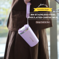 WATERSY 380ml Stainless Steel Coffee Insulated Cup Vacuum Thermal Mug with Portable Rope Leakproof Car Travel Mug for Hot & Cold