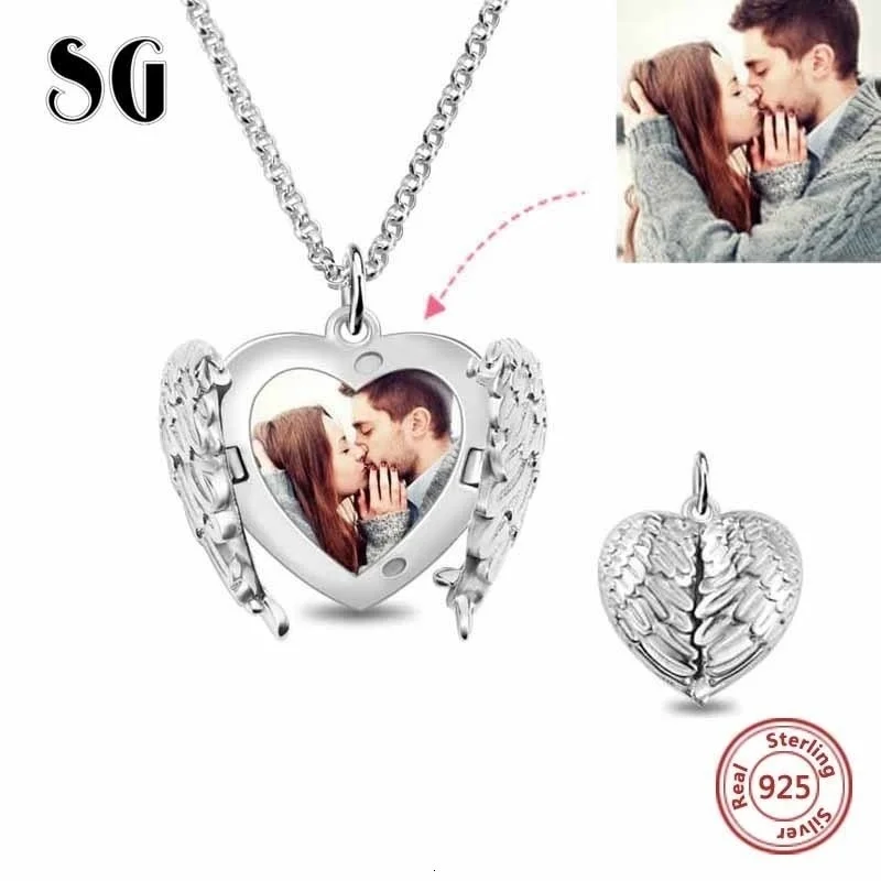 

SG personalized 925 sterling silver angel wing heart pendant necklaces carving name custom photo jewelry anniversary gift