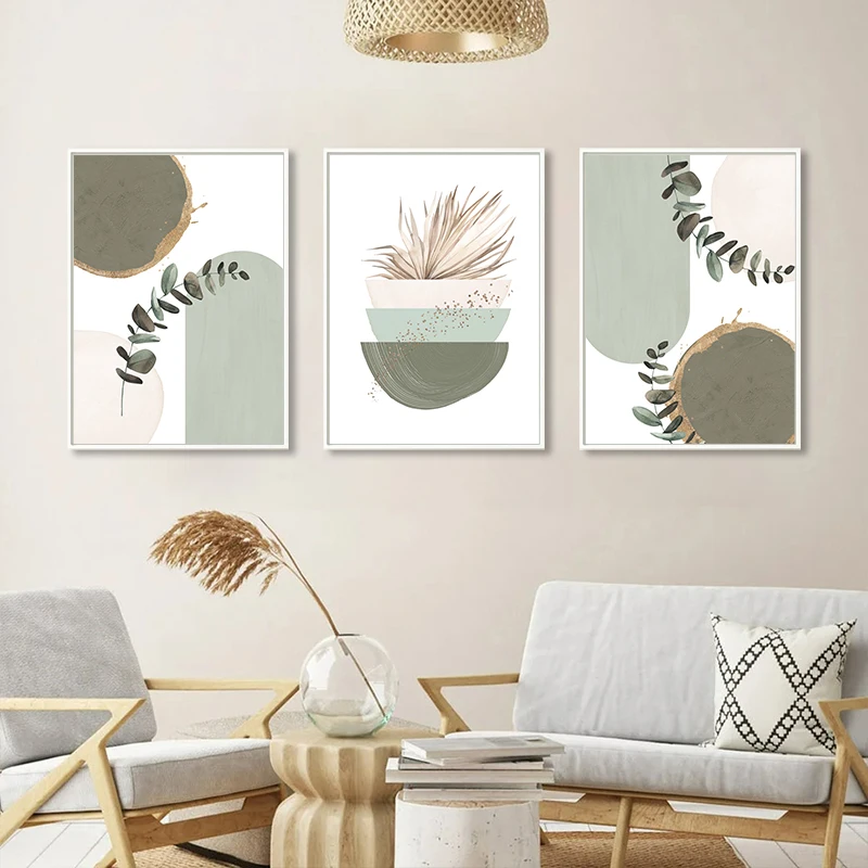 Bohemian Sage Green Canvas Painting Posters Nordic Abstract Plant Leaves Wall Art Print Pictures for Living Room Home Decoration