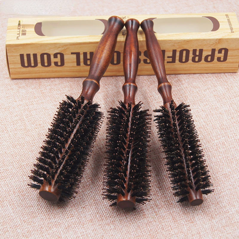 2 Sizes Anti Static Wood Boar Bristle Hair Round Brush Hairdresser Styling Tools Teasing Brush for Hair Curly Comb Hair Brush