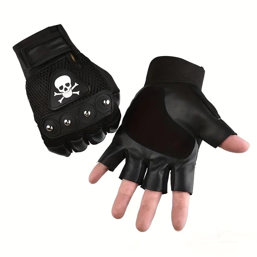 Outdoor Gloves with Skull Pattern, Rivet Half-Finger Style, Spring and Summer Outdoor Cycling Sports Gloves