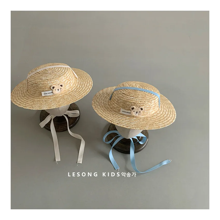 

2025 Children's Straw Hat Cute Bear Sun Protection Straw Hat Baby Summer Sun Protection Hat Basin Caps