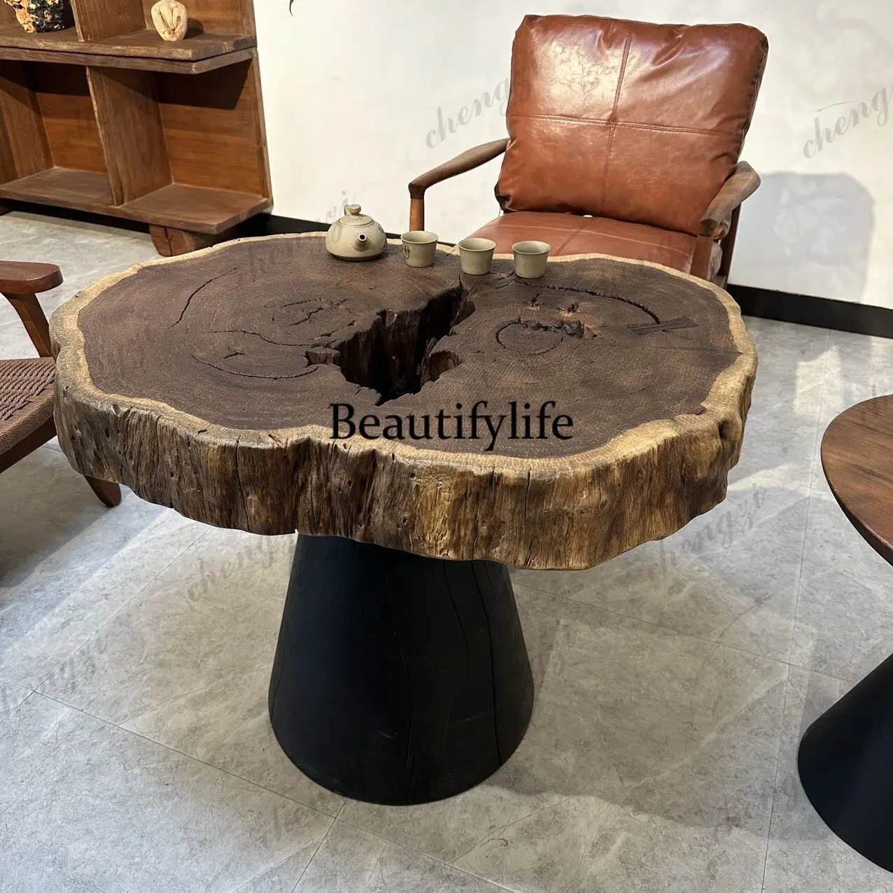 Quiet wind weathered wood new Chinese style solid wood coffee table log stump shape irregular modern simple slow life style