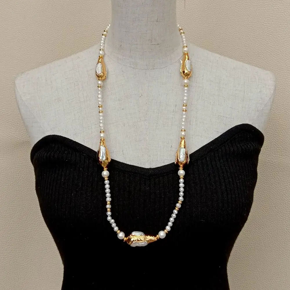 Y.YING natural Freshwater Cultured White Pearl Keshi Pearl long sweater chain Necklace 29